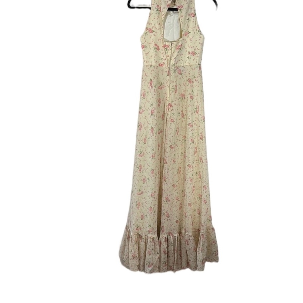 Cream Floral Maxi Dress Cottagecore Romantic Tiered Ruffle Hem Sleeveless - Picture 3 of 5